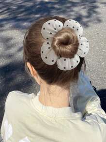 1 Stück Süßer Damen Stoff Polka Punkt Muster Flauschige Blumen Haargummi, gepunkteter Dutt Halter Haarband Accessoire, passend zu Kleidern, Freizeitoutfits, Haardekoration, Haargummi, Haaraccessoire, Haarzubehör, Scrunchie Haargummi