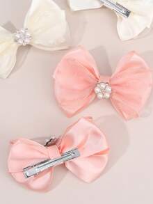 2/4pcs Set Elegant Satin Solid Color Hair Clips, Suitable For Girls; Delicate Pink & White Pearl Mesh Hair Clips, Suitable For Daily And Wedding Party Wear; Sweet Hair Accessories, Must-Have For Girls. - Multicolor - View 5