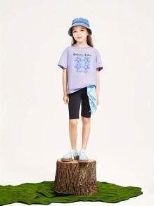 Annil Camiseta de manga corta de punto con cuello redondo, estampado de letras y contraste, nueva de verano, informal, con estampado de flores, versátil y dulce, para ropa de niños