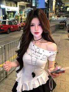 女士露肩系带袖修身短款上衣，夏季休闲白色 - 白色 - 查看 4