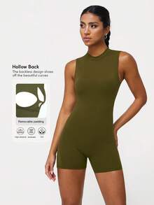 Sodalemon Women Backless Padded Outdoor Yoga Fitenss Gym Sleeveless Elastic Hip Lifting Training Short Casual Training Workout Sport Jumpsuit - Olive Green - View 3