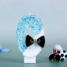 1pc Number 0-9 Black Tie Birthday Candles, Blue And White Gradient Digital Candles With Sequins, Suitable For Birthday Party Cake Decoration, Suitable For Cute Pet Theme Cake Decoration Candles, Cake Decoration Pure Handmade DIY - Blue and White - View 3