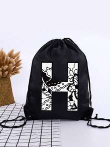 1pc A-Z Graffiti Letter Unisex Kids Outdoor Backpack, Drawstring Closure Bags, Large Capacity Sports Rucksack, Cute Cartoon Letter Print Sports Bag - Black - View 37