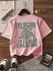 Camiseta de mujer de cuello redondo con estampado de vida marina y letras para vacaciones de verano. Camisetas gráficas para mujer en blanco, negro y rosa