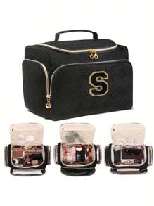 1pc Black Polyester Travel Toiletry Bag With Handle - Alphabet Pattern, Wet/Dry Separation, Machine Washable, Portable Makeup Organizer For Both Men & Women, Ideal Gift For Family & Friends, Daily Cosmetics Storage, Fashionable Makeup Case, Practical Design, Fabric, Must-Have For Frequent Travelers
