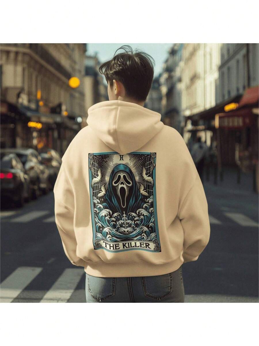 Men's Casual Everyday  Hoodie With Pocket And Hood For Winter Suitable For Men Ghost Face Print - 卡其色 - 查看 1