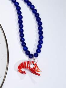 1 pieza Colgante decorativo de langosta roja de vidrio con cadena de collar de cuentas azules, adecuado para uso diario de mujeres o vestimenta de playa en verano