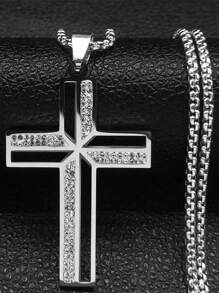 1 pieza Elegante collar con cruz católica para hombre, Conjunto de joyas con collar de acero inoxidable con cruz cristiana en color dorado/plateado/negro, con accesorio de moda brillante