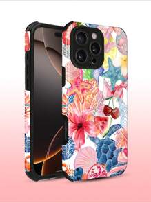 1 pieza Nueva Funda híbrida de TPU+PC a prueba de golpes, antideslizante y protectora con diseño de flor, tortuga marina y estrella de mar compatible con Apple 16/16 Plus/16 Pro/16 Pro Max