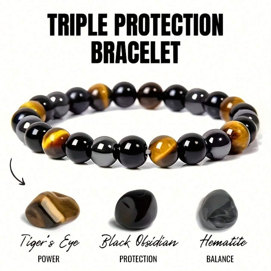 1pc Vintage Boho Style Triple Protection Bracelet, Natural Hematite & Tiger Eye Stone Beads, Wristband For Daily & Gift Occasions, Ideal Father's Day & Valentine's Present, Gift Bracelet | Bohemian Accessory | Natural Stone Beads