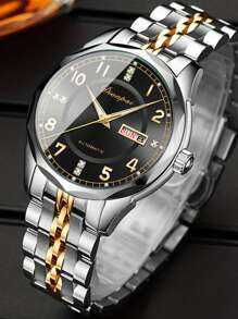 1 pieza Reloj mecánico de hombre, con diamantes, luminoso, de acero inoxidable, automático, con calendario y exhibición de día de la semana, regalo