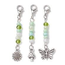 Set de 3 colgantes decorativos de aleación con diseños de mariposa/seta/flor, cuentas de vidrio y broches giratorios de langosta de aleación, color plateado antiguo y platino, de 55~56mm, para decorar llave de coche, bolso, etc.