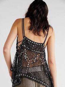 Women Y2K Sequin Mesh Tank Top Glitter Floral Embroidered Cami Crop Top Sleeveless Backless Rhinestone Camisole Top Shiny Sequined VestsGoing Out Tops Streetwear - 黑色 - 查看 3