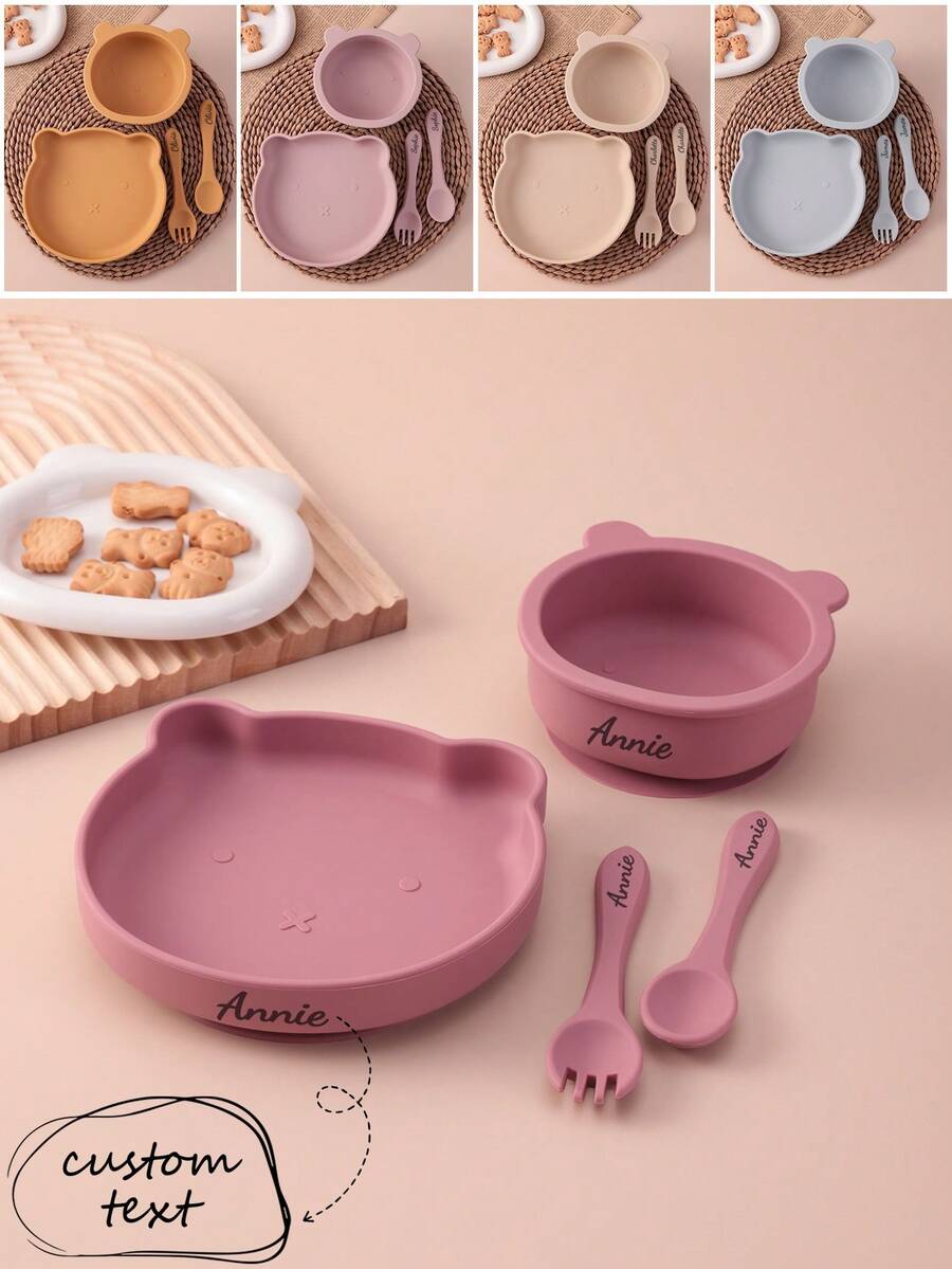 4pcs Personalized Silicone Tableware Set, Suction Cartoon Bear Bowl And Plate, Silicone Spoon And Fork, Letter Pattern For Led Weaning, Baby Shower Gift