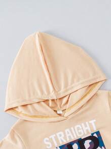 Set de 2 piezas de ropa deportiva informal de moda con estampado de letras para niños - top con capucha de manga corta y conjunto de shorts, ideal para verano