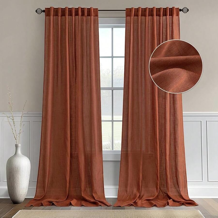 New Linen Curtains 84 Inch Length For Living Room 2 Panels, Burnt Orange Rust Rod Pocket Back Tab Light Filtering Semi Sheer Soft Linen Window Fall Drap Farmhouse Curtains For Bedroom - 焦橙色 52 寬 x 84 長(2 包) - 查看 1