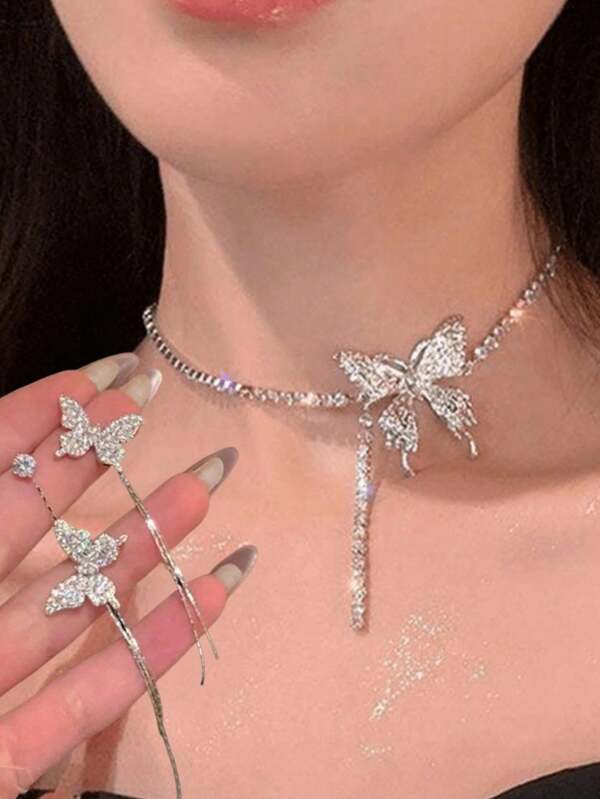 Conjunto de 3 brincos elegantes de liga metálica com borla de borboleta, colar com pingente, brincos de gota chamativos de luxo de alta qualidade para mulheres, gargantilha de corrente de clavícula premium