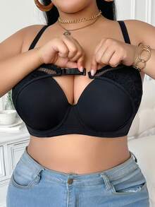 1pc Plus Size Women Solid Color Lace Padded Underwire Bra - Black - View 5