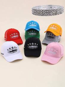 2 pièces Nouvelle mode 8 couleurs réglable Y2K Casquette de protection solaire en maille respirante avec broderie d'étoile à cinq branches, bracelet. Convient pour les hommes et les femmes, pour le printemps/automne, les voyages, les vacances à la plage et le port quotidien