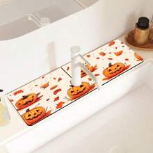 1pc Halloween Themed Faucet Mat - Ghost And Pumpkin Pattern, Absorbent Polyester Drain Mat, Suitable For Kitchen And Bathroom Sink, Waterproof Slip-Resistant Surface Protection