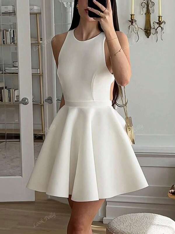 Look Polly Rochie de seară albă pentru femei, elegantă și grațioasă, în stil francez, culoare solidă, camisol, vestă, spate fără fundă, cravată, sexy, asimetrică, tiv plisat, pentru petrecere, absolvire, Ziua Independenței