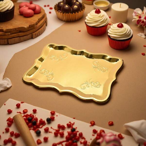 10 Gold Paper Rectangle Trays For Dessert Display Table Parties 9" X 13" Disposable Cardboard In Elegant Shape For Platters Cupcake Birthday Parties Dessert Weddings And More Food Safe