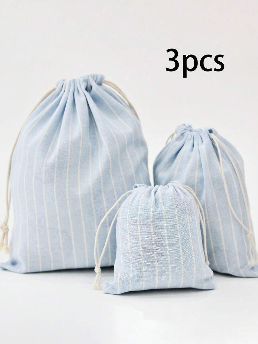 3 piezas de bolsas de almacenamiento con rayas simples que pueden contener ropa, calcetines, cosméticos y otros artículos diversos. Los bolsillos con cordón son adecuados para el hogar y los viajes. - Celeste - Ver 1