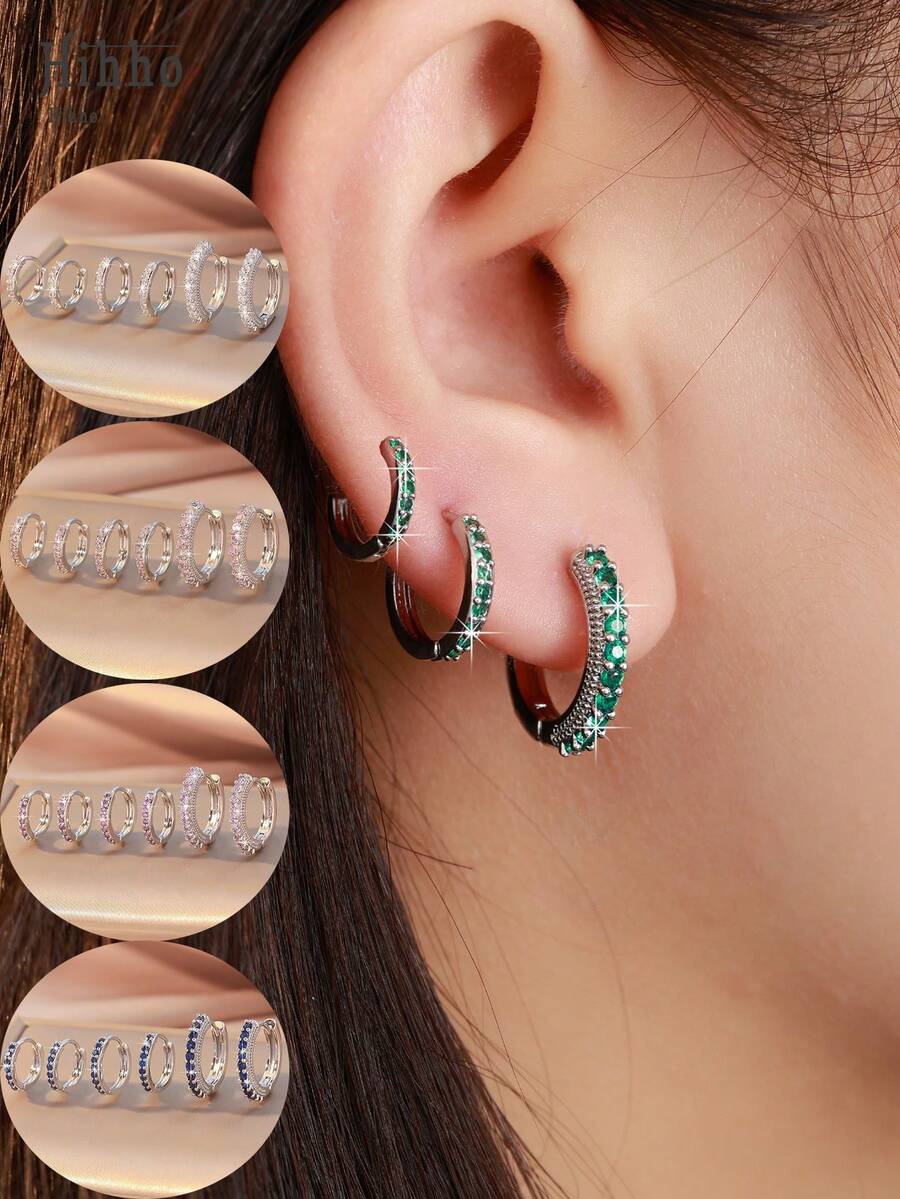 Hihho 6 件简约圆形耳环套装，适合女士，时尚轻盈闪亮方晶锆石嵌入式彩色锆石系列耳环，适合休闲运动装 - 銀色 - 查看 1