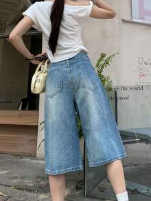 女士宽松直筒七分牛仔裤，休闲显瘦，适合娇小身材，夏季款 - 藍色 - 查看 5