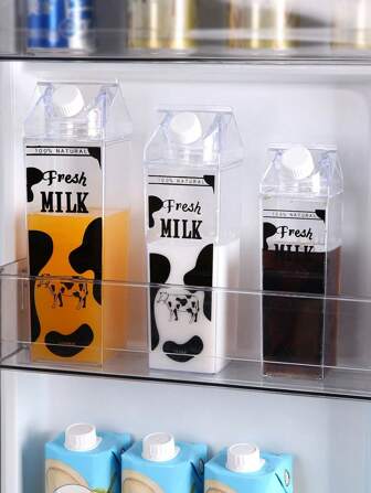 1pc High Capacity 3D Convenient Transparent Rotatable Square Plastic Sealed Milk Storage Cup, Black & White