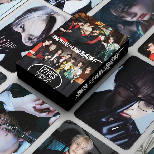 friendsheep Set de 127 tarjetas foto Desire Unleash New Album Mini Kpop HD estilo glossy de doble cara, un conjunto coleccionable de regalo para fans que incluye 55 tarjetas LOMO y 72 pegatinas de JUNGWON, HEESEUNG, JAY, JAKE, SUNGHOON, SUNOO, NI-KI
