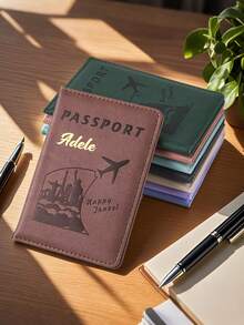 Customized Fashionable Airplane Pattern Leather Passport Holder, Personalized Name Text Travel Passport Cover, Personalized Classic Leather Wallet Case, Unique Travel Set Gift - Multicolor - View 3