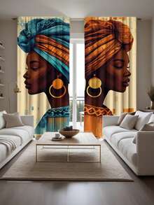2pcs 100% Polyester Washable Curtain With African Woman Print In Blue & Orange Color, Suitable For Living Room & Bedroom - Multicolor - View 7