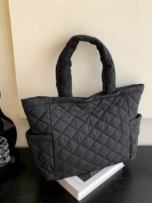 Modische karierte gesteppte bestickter Schultertasche, geräumige Tragetasche mit großer Kapazität, weich und leicht, multifunktionale Business- und Freizeittasche, mehrere Taschen, Laptop-Tasche, Fitnesstasche, Outdoor-Lernmaterialien, Reisen, Outdoor-Aktivitäten, Feiertage, sehr geeignet für Büros, Universitäten, Mittel- und Oberschulen, Arbeit, Geschäft, Pendeln, Büros - Schwarz - Übersicht 5