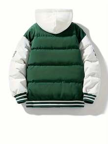 Men's Slogan Print Contrast Color Drawstring Hooded Winter Jacket, Fall