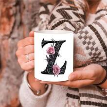 1pc Black Letter Floral A-Z Print Coffee Mug, Pink Floral, Alphabet Floral Coffee Mug For Office And Home, Alphabet Ceramic Coffee Mug, Women'S Birthday Gift, Mom, Best Friend, Bride, Bridesmaid Gift, White Tea Cup, Mother'S Day, Father'S Day Gift 11oz