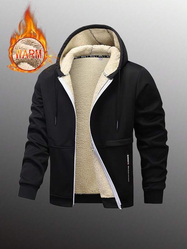 1 pieza Chaqueta con capucha y forro térmico para hombres para otoño/invierno, Chaqueta deportiva con cremallera de unicolor y casual, Exterior de tejido de punto de poliéster, Ajuste regular, Apropiada para deportes, senderismo y uso diario, Con bolsillos con cremallera