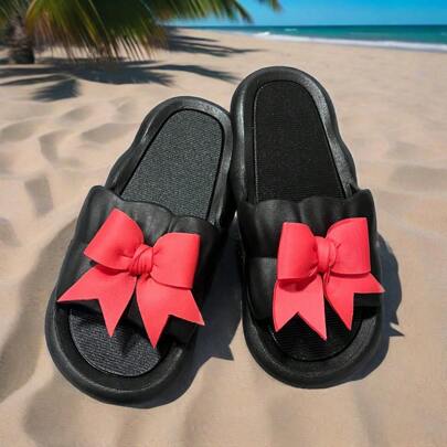 Women's Elegant Fashion Luxury Black PVC Slide Sandals With Oversized Red Bow, Lightweight Cute Slip-On Flats, Comfortable & Breathable Korean Summer Slippers, Non-Slip For Home/Party (Black+Red)