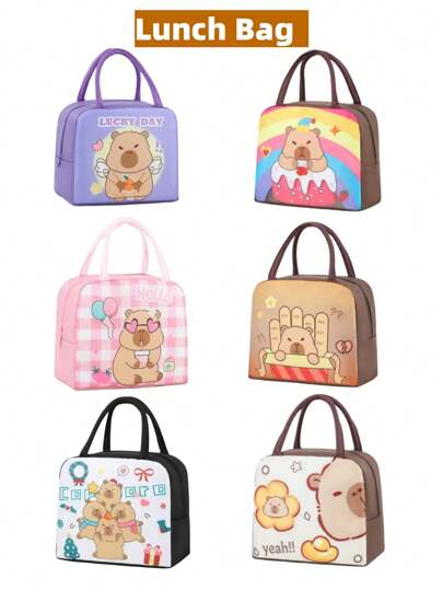 1pc Insulated Lunch Bag, Thick Aluminum Foil Bento Box, Capybara Pattern Hand Carry Lunch Bag, Cartoon Animal Zipper Portable Lunch Tote, Picnic Outdoor Carry Bag, Suitable For Work And School Portable Lunch Box Bag, Lunch Bag, Lunch Storage Bag, School Lunch Bag