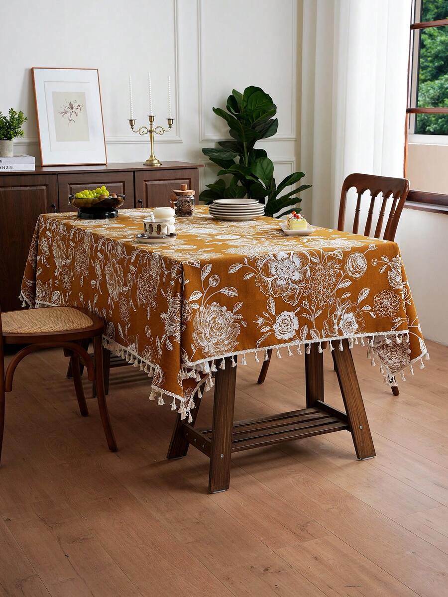 1pc American Country Nordic Style Hydrangea & Peony Embroidered Tassel Tablecloth, Suitable For Coffee Table, Dining Table - Yellowish White - View 1