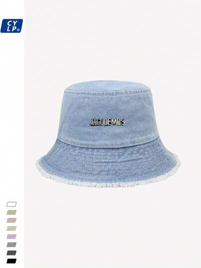 1pc Unisex Solid Color Fisherman Hat With Silver Letter Decoration, High Quality New Spring/Summer Fashion Casual Minimalist Versatile Wide-Brimmed Hat Suitable For Daily Outdoor Activities, Camping, Hiking, Cycling, Beach, Parties, Photos Etc. (Available In Black And White Stitching Colors)
