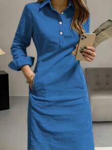 Gaun Gaya Arab Lengan Panjang Berkerah Kancing Depan Elegan Modis untuk Wanita, Koleksi Musim Semi/Gugur Terbaru - Royal Blue - View 5