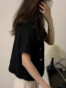 复古黑色大码女式短袖衬衫，修身轻便夏季休闲夹克 - 黑色 - 查看 4