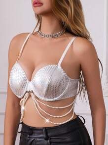 Shiny Pearl Accented Solid Color Sexy Mesh Intimates With Metal Chain, Lingerie For All Seasons