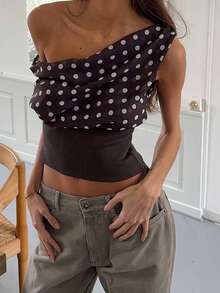Polka Dot Print Tops For Womens Y2K One Shoulder Cropped Tank Tops Going Out Tops T Shirts Summer Streetwear Aesthetic Clothes - Brown - View 1