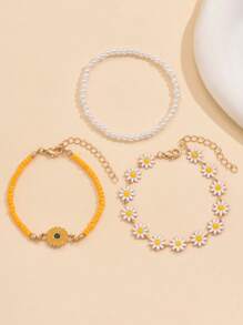 3pcs/Set Oil Drop Flower Design Sunflower Pearl Bracelets, Cute Bohemian Style Daisy Bracelets For Girls