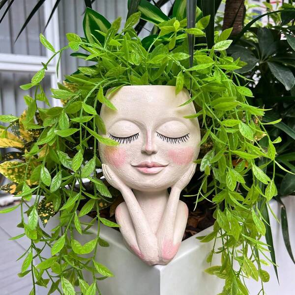 Maceta con forma de rostro floral AIMEBBY, maceta para suculentas, maceta de cactus linda de resina con agujero de drenaje, ojos cerrados, color claro