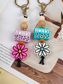 1 件迷人硅胶和亚克力串珠流苏钥匙扣，粉红玫瑰和白色花朵图案，可爱花卉包包挂饰，送给朋友、家人、女朋友的夏季礼物，汽车配件，学校背包 - 彩色 - 查看 6