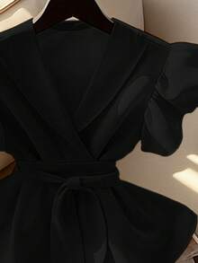 Elegant V-Neck Solid Color Ruffle Sleeve Tie Waist Shirt With Solid Color Belt Black Summer - Black - View 5