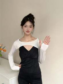 1pc Women Lightweight Viscose Black Versatile Asymmetrical Shoulder Sleeve Short Cover Up, Slim Fit Layering Long Sleeve Sexy Collar Cover Up